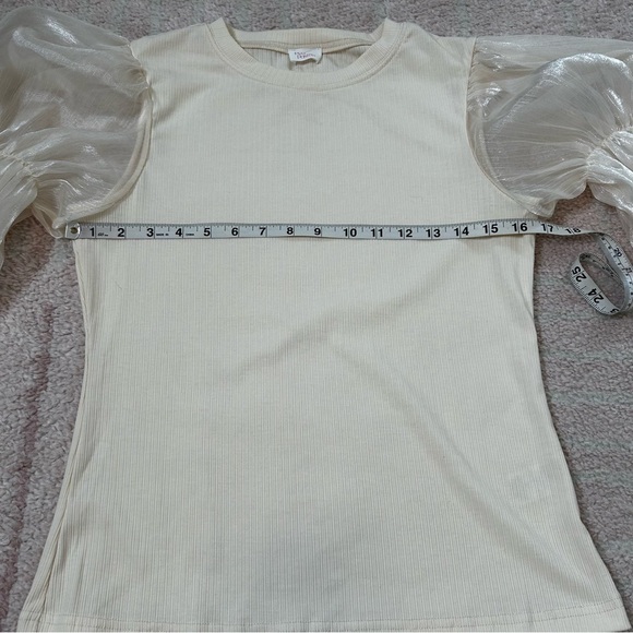 Peony Pastels Cream Ribbed Blouse with Sheer Puff Sleeves Size Large Holiday - Picture 6 of 11